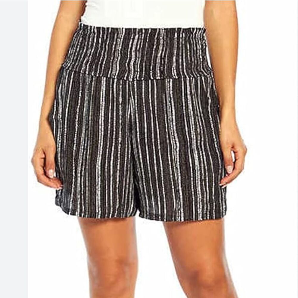 Three Dots Printed Dotted Stripe Black & White Pull On Shorts Stretch Waist S